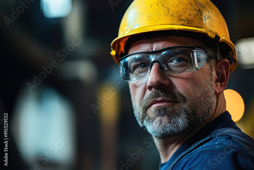 Steel plant professional with safety glasses and yellow helmet, looking at the camera amidst a blurred factory scene, expertly captured with Sony Alpha a7 III and macro lens for a clear representation