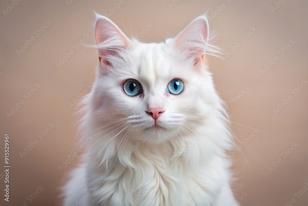 Serene Turkish Angora cat with piercing blue eyes and fluffy white fur gazes directly at the camera against a soft, pale pastel background. Serene Turkish Angora cat with piercing blue eyes and fluffy white fur gazes directly at the camera against a soft, pale pastel background.