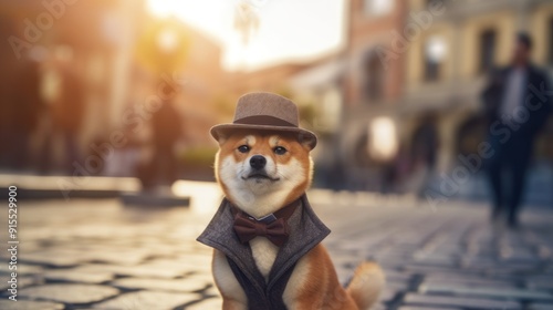 Stylish Shiba Inu in a Hat and Bowtie