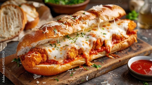 Crispy chicken parmesan sub with melted mozzarella and marinara