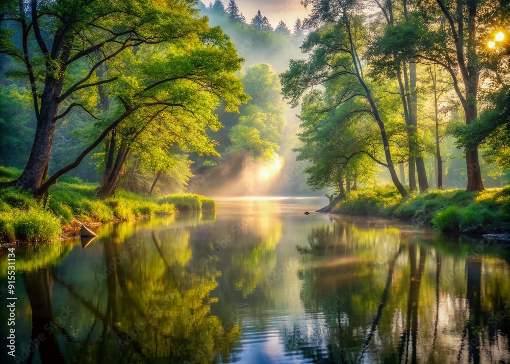 Mystical forest scenery bathed in soft morning light, with misty atmosphere, serene river reflections, and lush greenery, evoking a sense of peaceful tranquility.