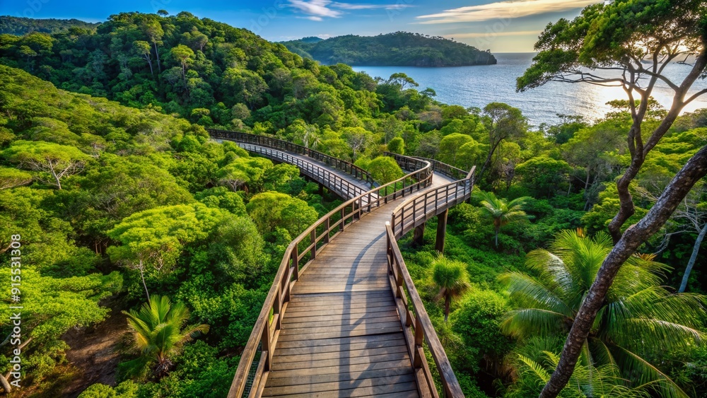 Fototapeta premium A network of walking trails leading through a dense forest, inviting exploration of the diverse and captivating nature on the island.