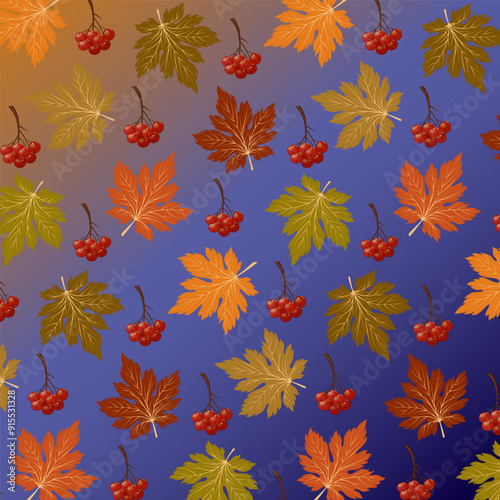 Colored background with leaves and berries.Vector pattern with autumn leaves and red berries on a colored background.