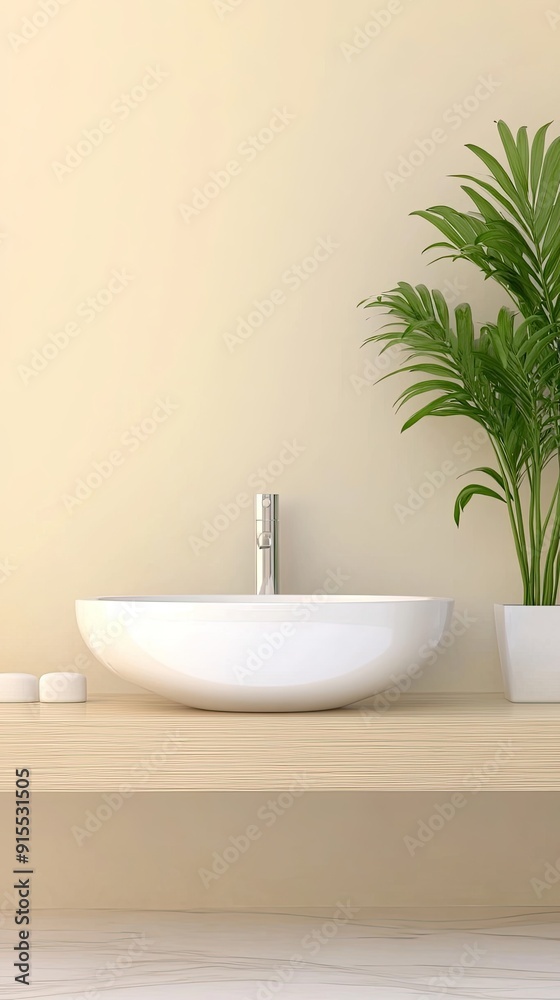 A bright bathroom showcases a white sink with a chrome faucet, complemented by decorative plants, creating a harmonious minimalist aesthetic A bright bathroom showcases a white sink with a chrome faucet, complemented by decorative plants, creating a harmonious minimalist aesthetic