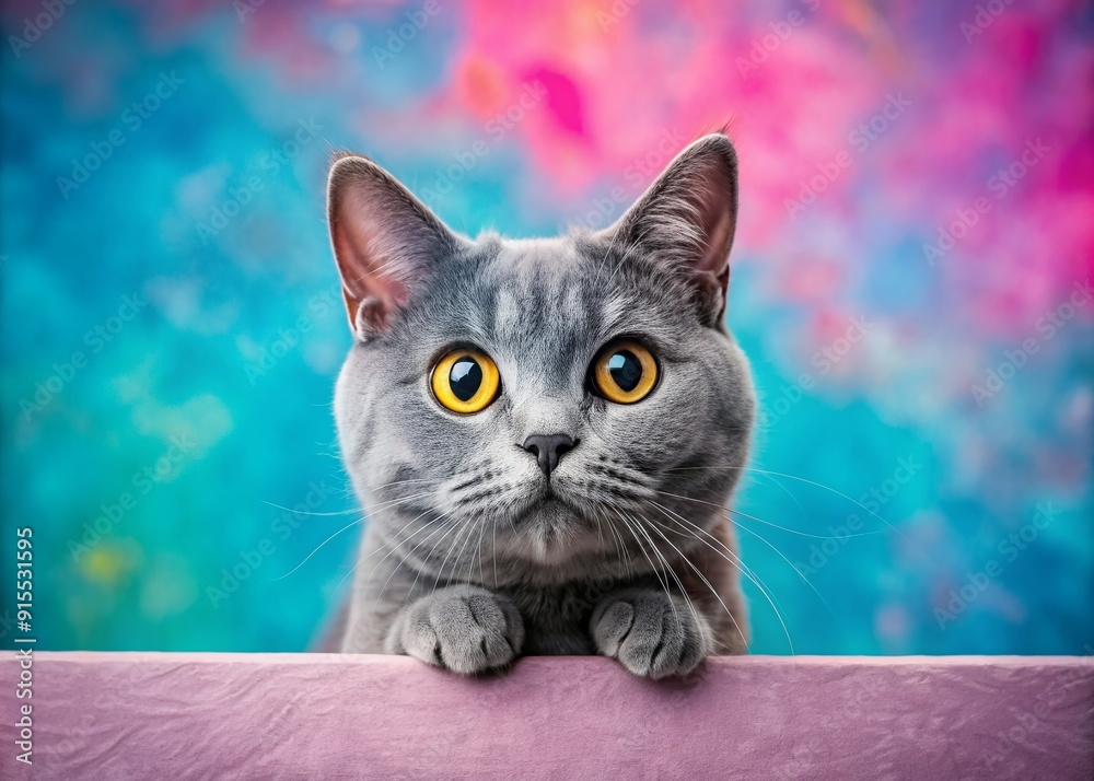 Φωτογραφία Adorable gray British cat peeking out with curious eyes and twitching whiskers against a vibrant blue and pink background with subtle texture