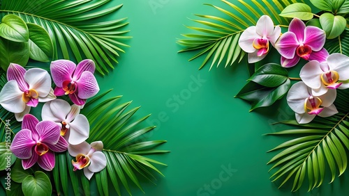 Tropical orchid flowers and palm leaves on green background, perfect for summer parties , summer, background