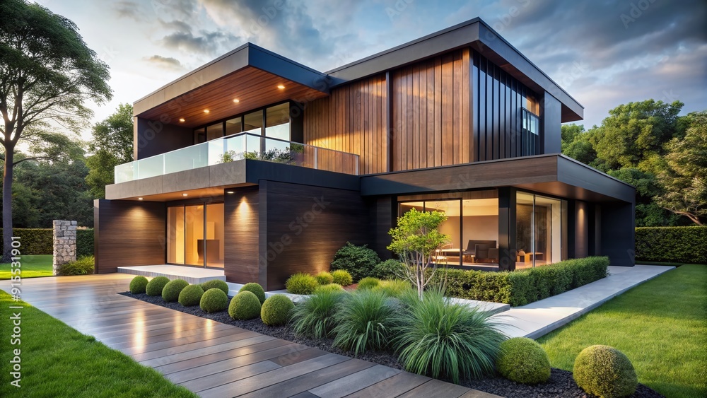 Fototapeta premium Contemporary luxury home with wooden cladding and sleek black panel walls nestled amidst lush greenery and manicured lawn in a serene outdoor setting.