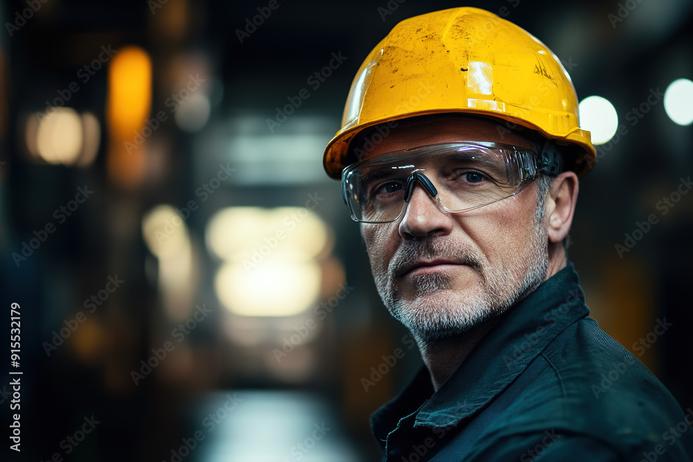 Middle-aged worker in a steel plant wearing a yellow helmet and safety glasses, posing for the camera with a blurred industrial background, captured with Sony Alpha a7 III and macro lens to highlight Middle-aged worker in a steel plant wearing a yellow helmet and safety glasses, posing for the camera with a blurred industrial background, captured with Sony Alpha a7 III and macro lens to highlight