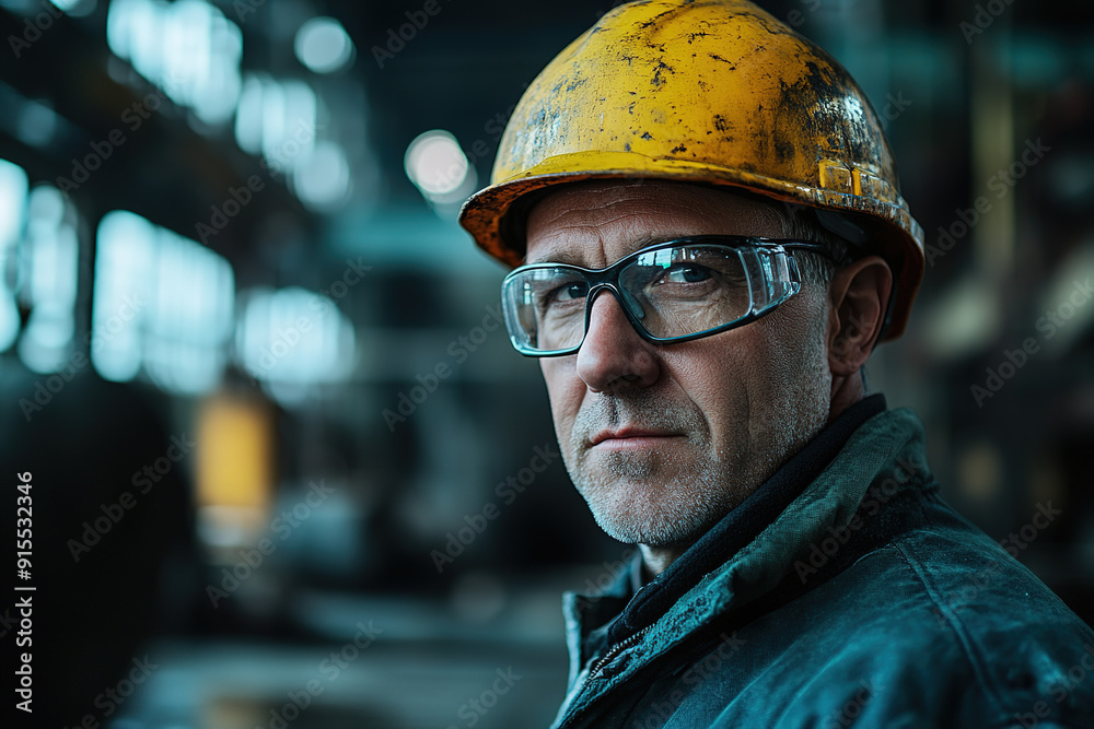 Professional middle-aged steel plant worker with a yellow helmet and safety glasses, gazing at the camera with an indistinct industrial backdrop, captured with a Sony Alpha a7 III camera and Sony FE m Professional middle-aged steel plant worker with a yellow helmet and safety glasses, gazing at the camera with an indistinct industrial backdrop, captured with a Sony Alpha a7 III camera and Sony FE m
