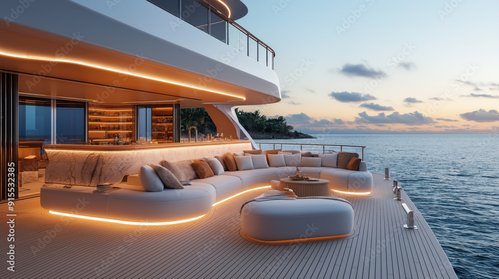 Fototapeta premium Luxurious outdoor lounge area on a yacht at sunset featuring modern seating, ambient lighting, and an elegant bar with ocean views.