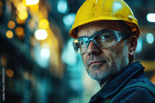 Professional middle-aged steel plant worker with a yellow helmet and safety glasses, gazing at the camera with an indistinct industrial backdrop, captured with a Sony Alpha a7 III camera and Sony FE m