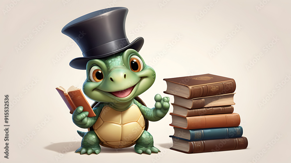 Obraz premium A 3D cute cartoon style portrait of a wise, monocle-wearing turtle character with a top hat, wrinkled smile, and a book under its arm, set against a simple background