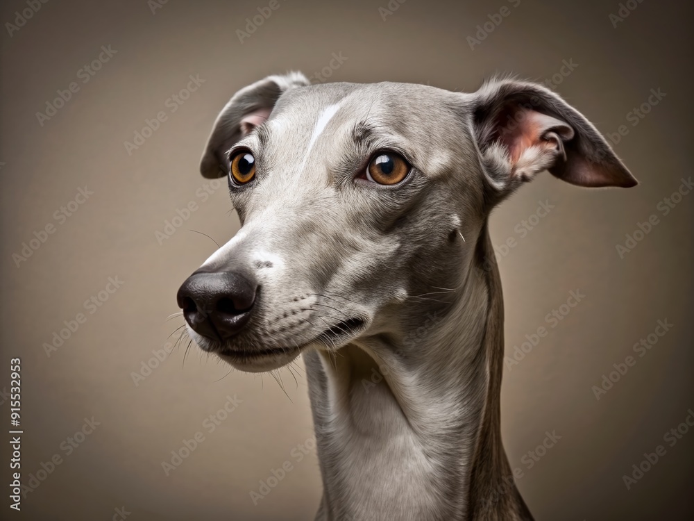 Close-up of a sleek, gray whippet-like dog's head, with a slender muzzle, dark nose, and expressive brown eyes, set against a neutral background. Close-up of a sleek, gray whippet-like dog's head, with a slender muzzle, dark nose, and expressive brown eyes, set against a neutral background.