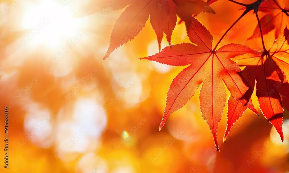 Sunlit red maple leaves during autumn season, close-up
