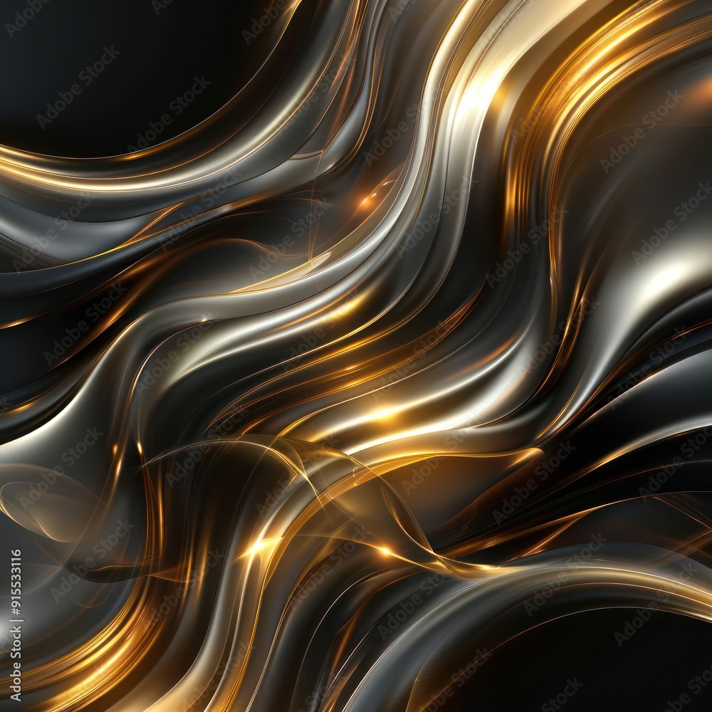 A seamless abstract digital artwork featuring glowing gold and silver metallic gradients,