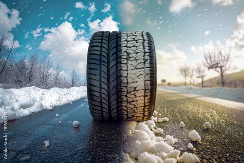 Tire standing on a road dividing winter and summer. The concept of all-season tires with contrasting backgrounds of snow and clear sky. High-quality image for commercial use. AI photo
