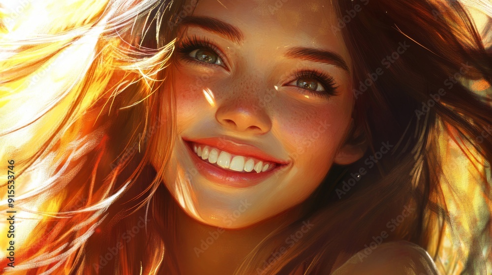 A detailed portrait of a smiling woman with long, flowing hair and bright eyes, conveying warmth and charm. A detailed portrait of a smiling woman with long, flowing hair and bright eyes, conveying warmth and charm.