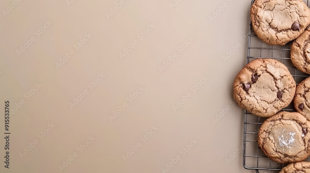 Freshly baked chocolate chip cookies sprinkled with sea salt are cooling on a wire rack, inviting you to indulge in their deliciousness