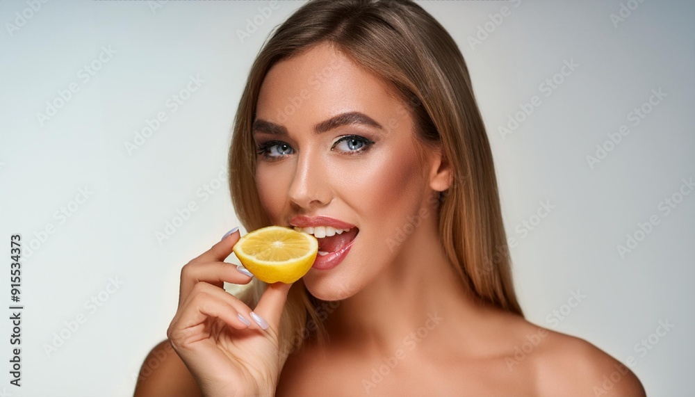 A young woman biting into a slice of lemon, isolated on light background with copy space. A young woman biting into a slice of lemon, isolated on light background with copy space.