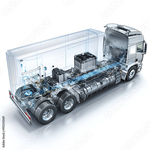 Create a detailed and labeled diagram of a hydrogen fuel cell electric truck