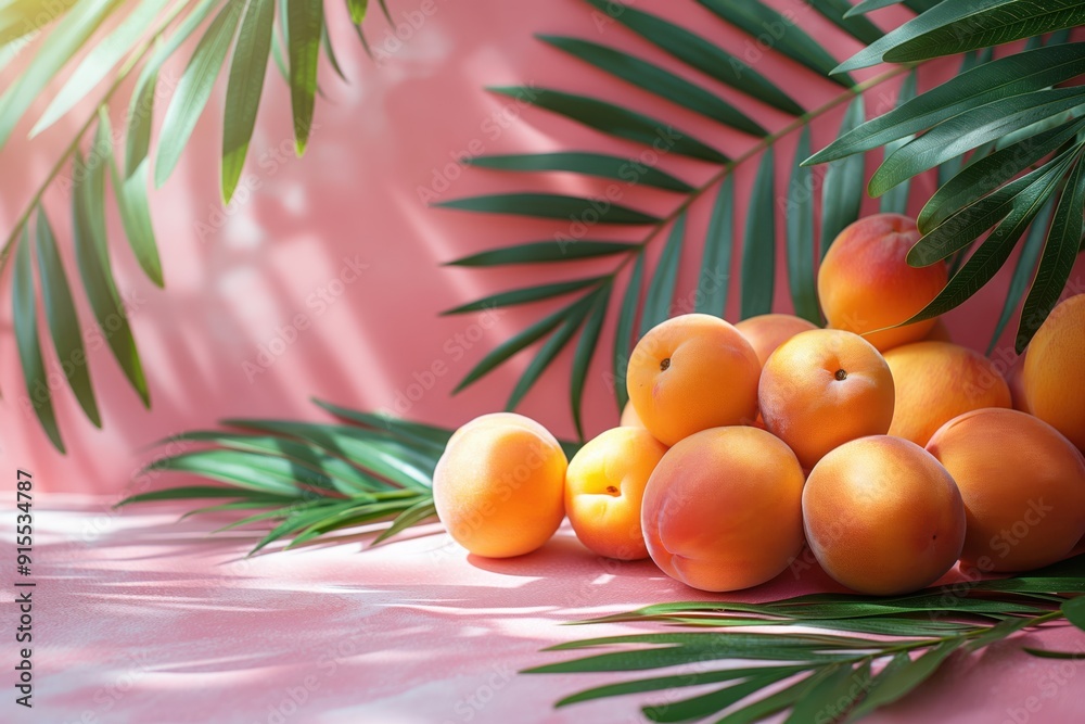 Fresh apricots with palm leaves in sunlight on pink background Fresh apricots with palm leaves in sunlight on pink background