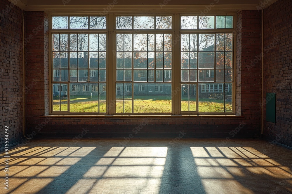 Sunlit Empty Room with Large Windows Overlooking a Quiet Courtyard on a Bright Day