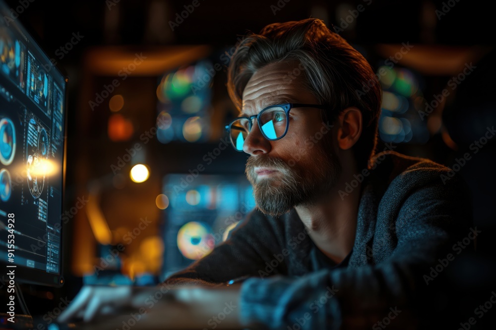 Focused programmer working on computer screen in dark office Focused programmer working on computer screen in dark office