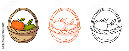 Apple basket, colorful and line icon set. Fall or summer garden harvest, healthy food, fruit. Vector flat outline icon, monochrome red and color illustration. For logo, sticker, coloring book, label
