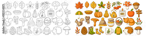 Photography Autumn vector black outline icons and colorful illustration set