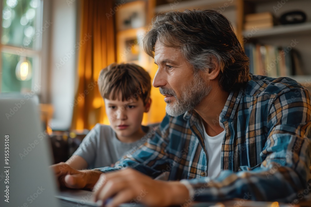 Father and son using laptop together at home Father and son using laptop together at home