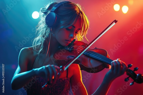 Young Woman Playing Violin Wearing Headphones in Colorful Lighting - Passionate Musical Performance