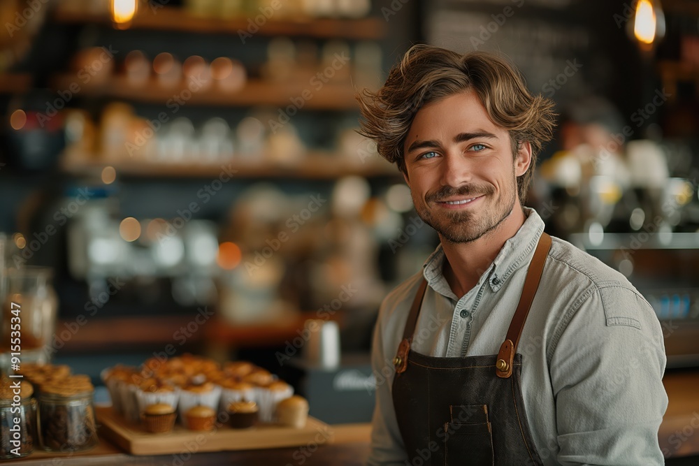 Smiling barista in cozy coffee shop with muffins on counter Smiling barista in cozy coffee shop with muffins on counter