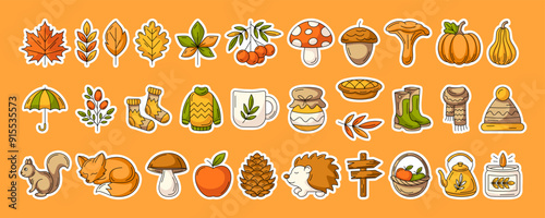 Autumn season, fall elements. Vector colorful sticker set. Icons collection of seasonal symbols and attributes. Leaves, clothes, mushrooms, animals, pumpkin. For print, card, paper craft, scrapbooking