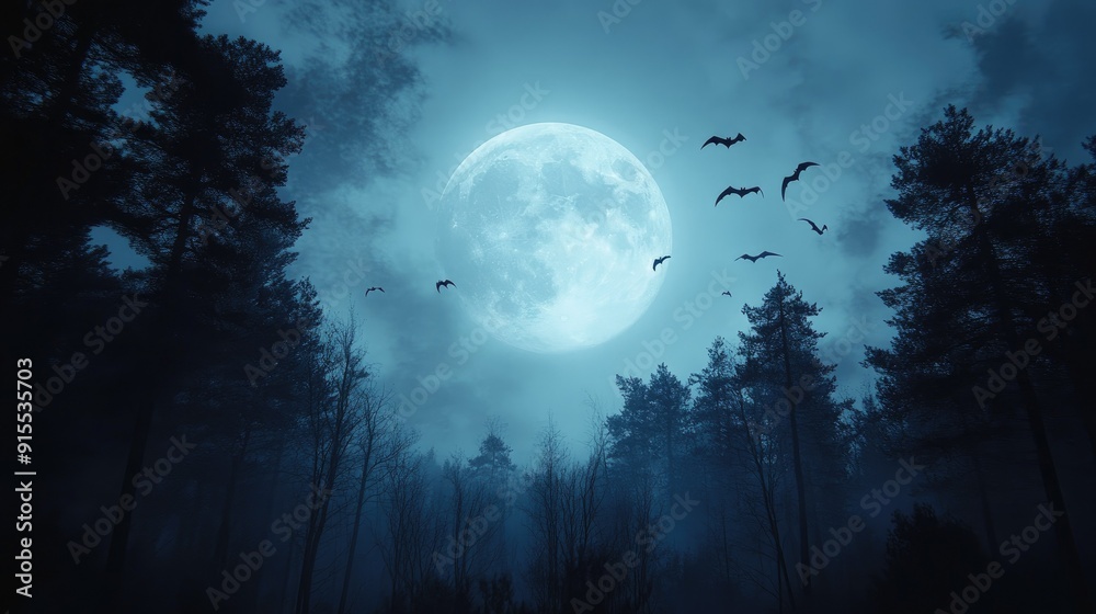 Full Moon Night with Bats Flying Over a Misty Forest Full Moon Night with Bats Flying Over a Misty Forest