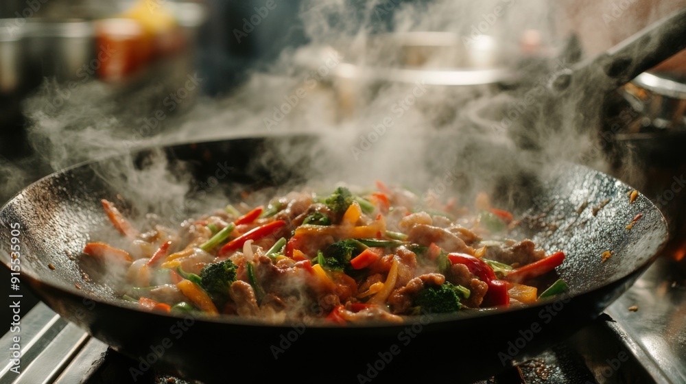 A detailed shot of a wok with vegetables and meat stir-frying, capturing the high-heat cooking and vibrant ingredients. A detailed shot of a wok with vegetables and meat stir-frying, capturing the high-heat cooking and vibrant ingredients.