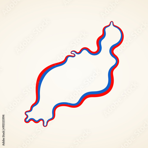 Outline map of Lanzarote marked with ribbon in colors from the flag.
