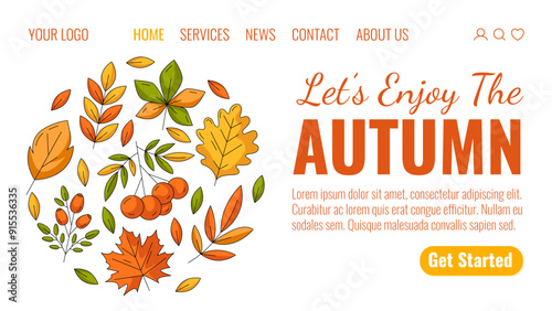 Enjoy autumn, colorful landing page vector template. Seasonal fall cozy round design from fall leaves, rowan, rosehip. Oak, maple, chestnut, aspen leaf. For website, web, online, banner.