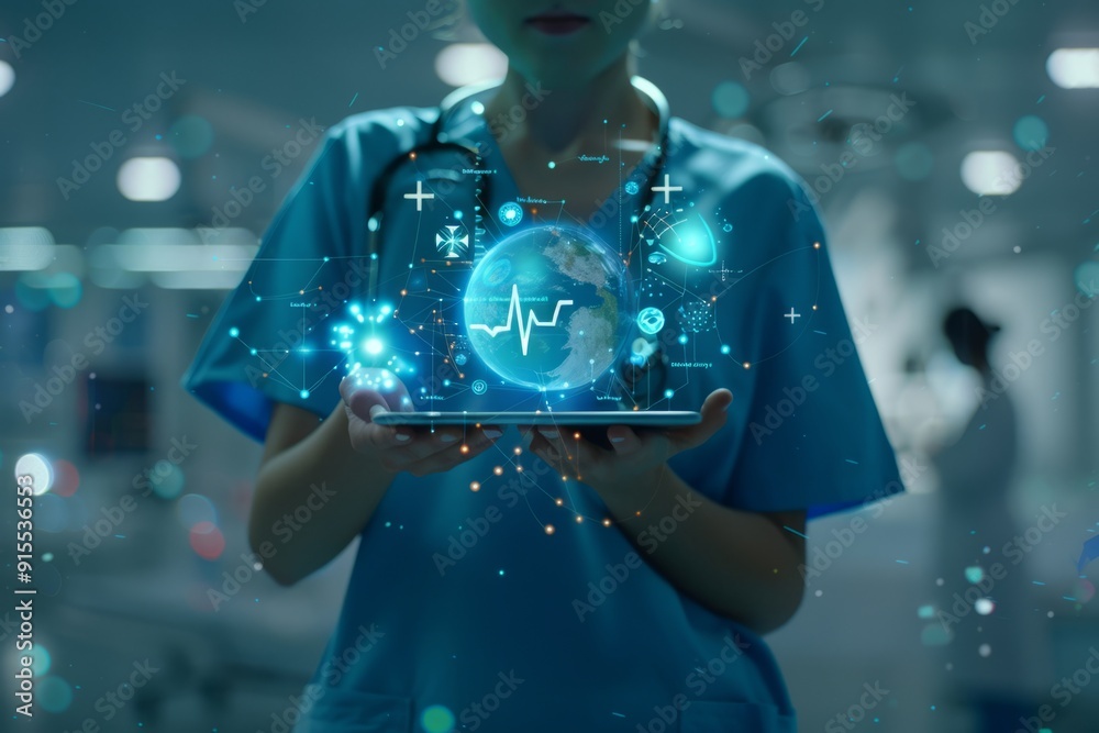 Fototapeta premium Medical professional holding tablet with holographic globe and health icons in modern hospital. Digital healthcare tools visualization. Futuristic technology in medicine. Blue themed. . AI