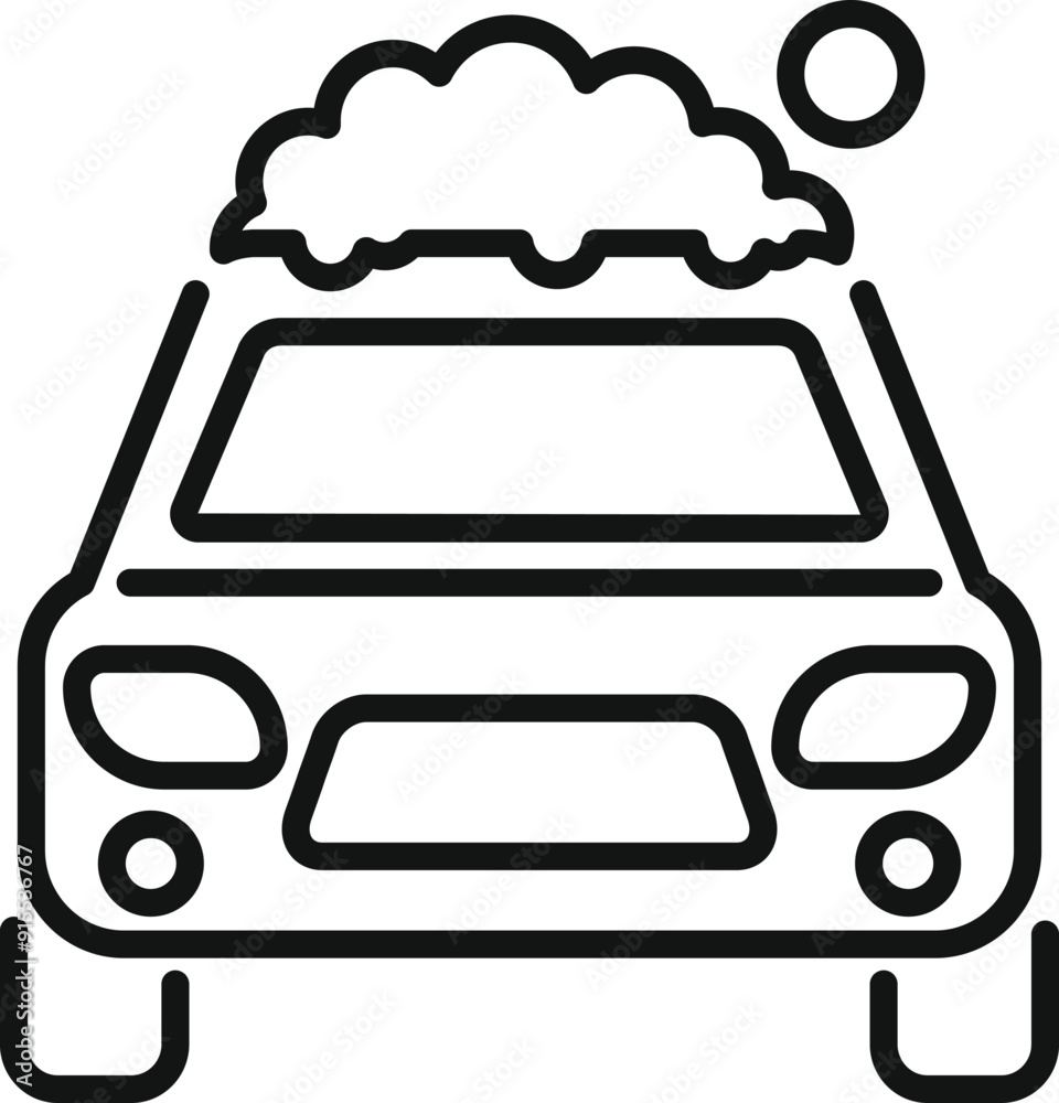 Simple black and white line drawing of a car with soap suds on its roof at a car wash Simple black and white line drawing of a car with soap suds on its roof at a car wash