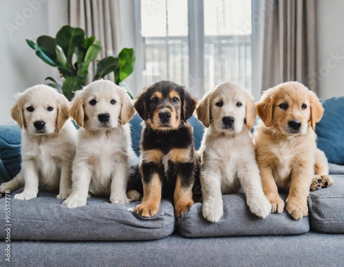 Different colored playful labrador puppies, sitting beside each other on row on the grass