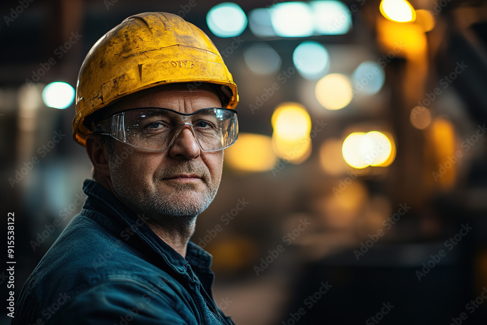 Professional middle-aged worker in a steel plant wearing safety glasses and a yellow helmet, looking directly at the camera with a blurred industrial background, captured with a Sony Alpha a7 III and Professional middle-aged worker in a steel plant wearing safety glasses and a yellow helmet, looking directly at the camera with a blurred industrial background, captured with a Sony Alpha a7 III and