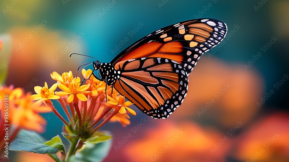 Fototapeta premium Delicate monarch butterfly with vibrant orange wings rests on a colorful flower, a captivating moment of nature's beauty
