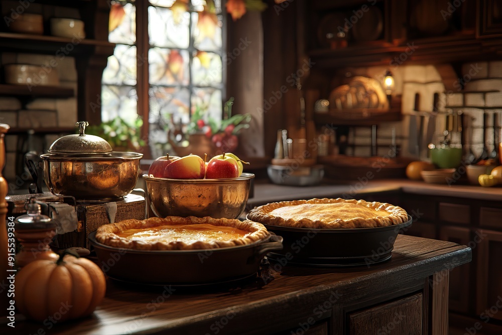 Apple pie baking in a rustic autumn kitchen. Generative AI Apple pie baking in a rustic autumn kitchen. Generative AI