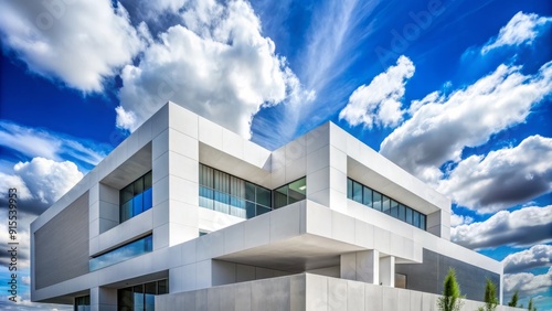 Modern white concrete building with clean lines and geometric shapes stands out against a brilliant blue sky with a few puffy white clouds.