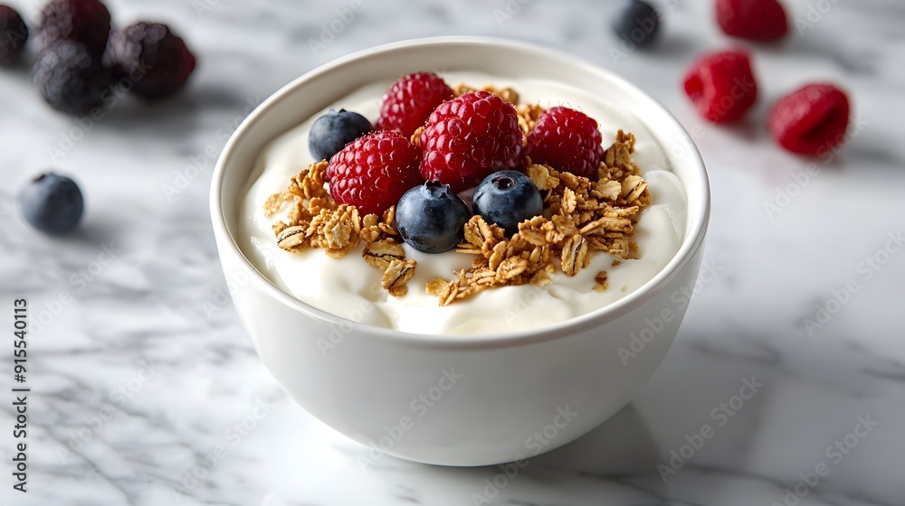 A bowl of creamy yogurt topped with granola, honey, and fresh berries, arranged on a marble countertop, capturing a healthy and balanced breakfast option A bowl of creamy yogurt topped with granola, honey, and fresh berries, arranged on a marble countertop, capturing a healthy and balanced breakfast option