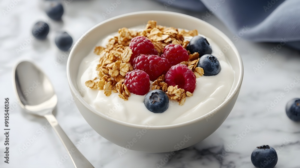 A bowl of creamy yogurt topped with granola, honey, and fresh berries, arranged on a marble countertop, capturing a healthy and balanced breakfast option A bowl of creamy yogurt topped with granola, honey, and fresh berries, arranged on a marble countertop, capturing a healthy and balanced breakfast option