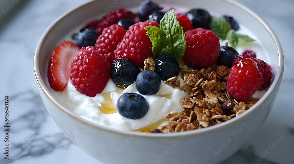 A bowl of creamy yogurt topped with granola, honey, and fresh berries, arranged on a marble countertop, capturing a healthy and balanced breakfast option