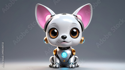 A 3D cute cartoon style portrait of a tiny, round robot dog character with LED eyes, metallic ears, and a wagging tail, set against a simple background