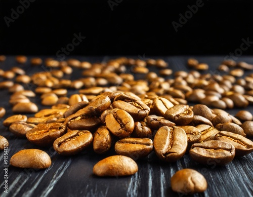 gold coffee beans sliped all over the black wooden table close up photo