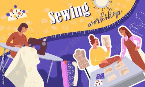 Collage sewing workshop, hand drawn vector illustration vector illustration.